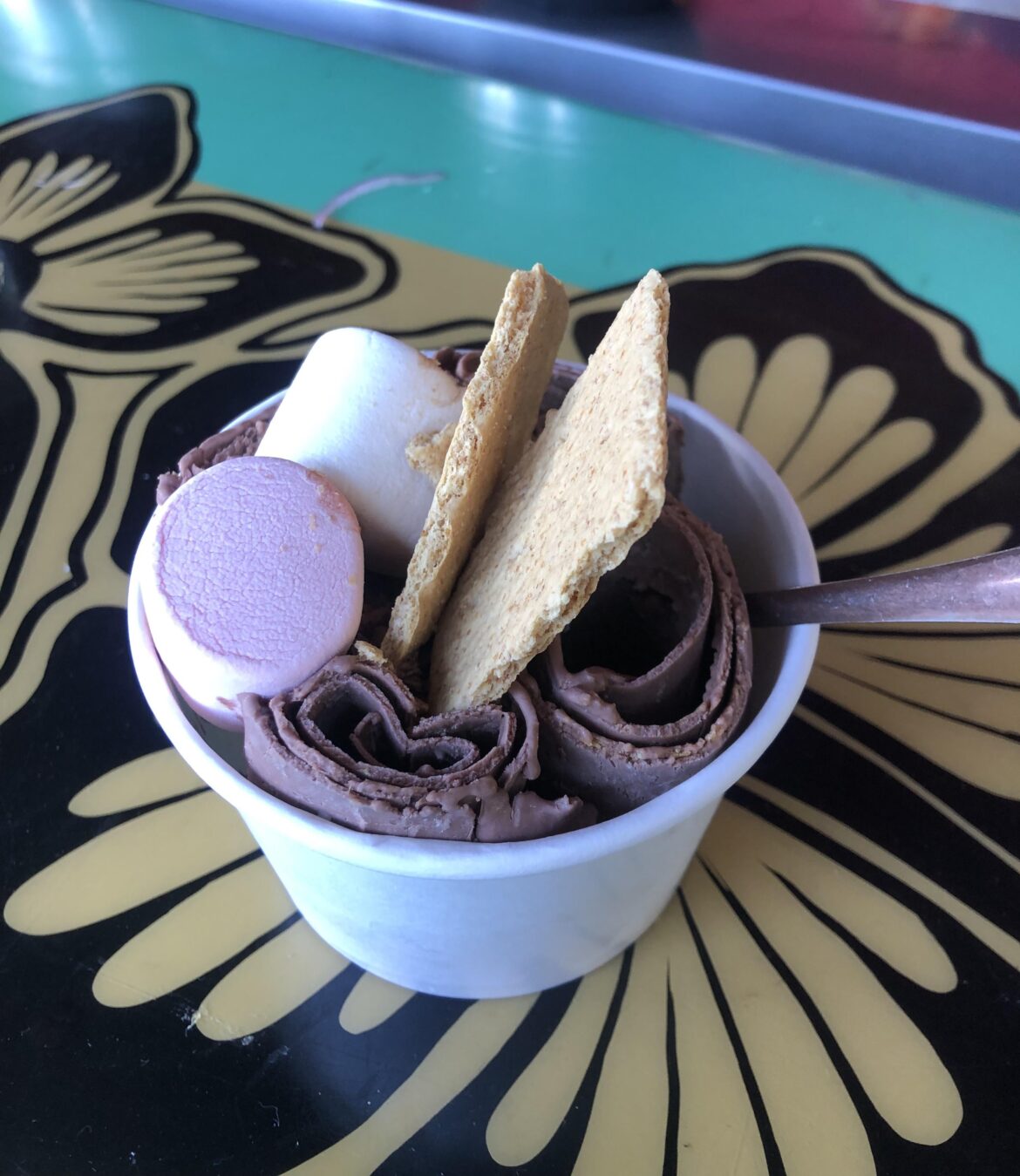 S’mores with rolled chocolate ice cream, graham crackers and marshmallows