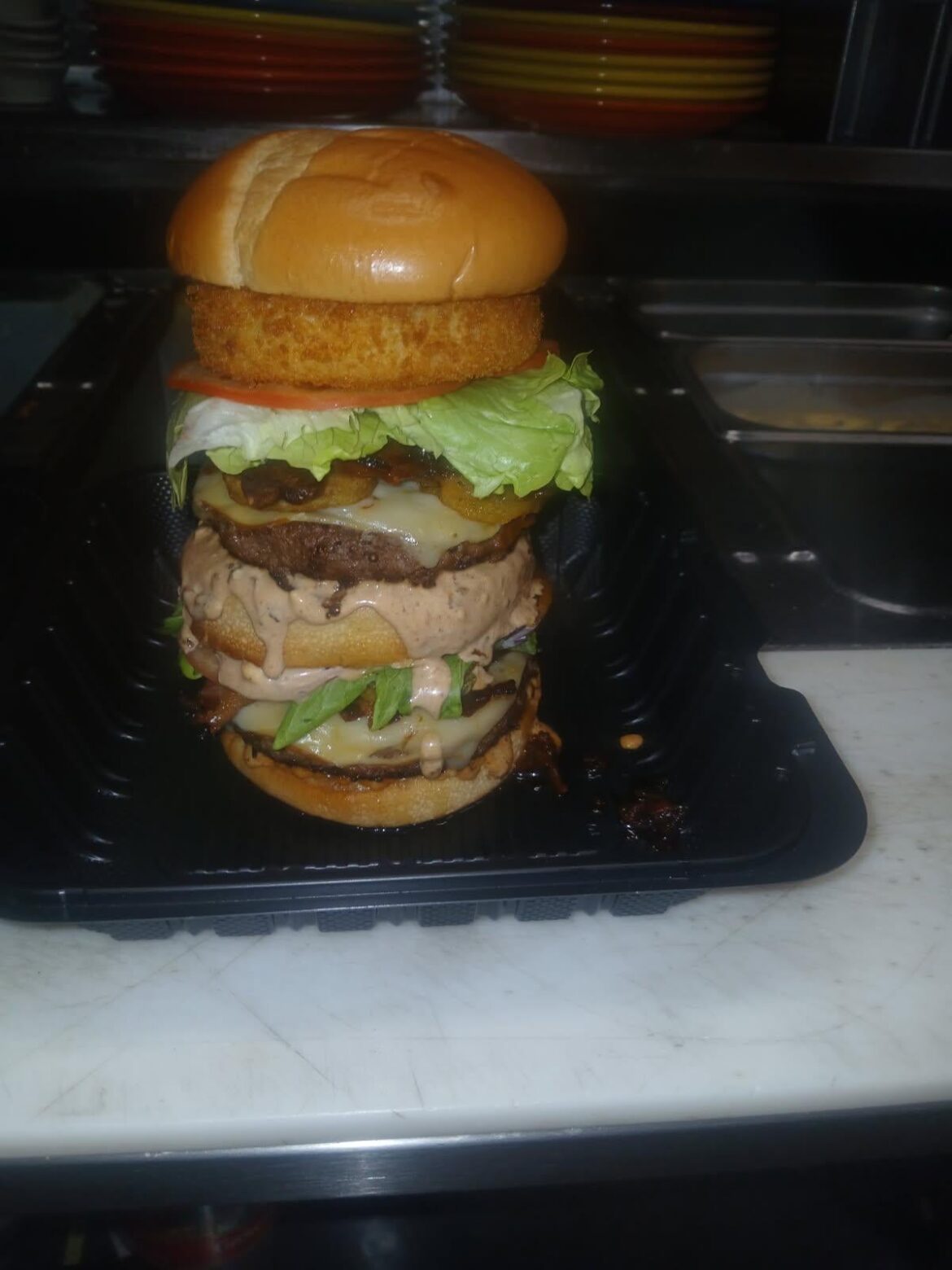 My friend the cook made a tower burger at work.