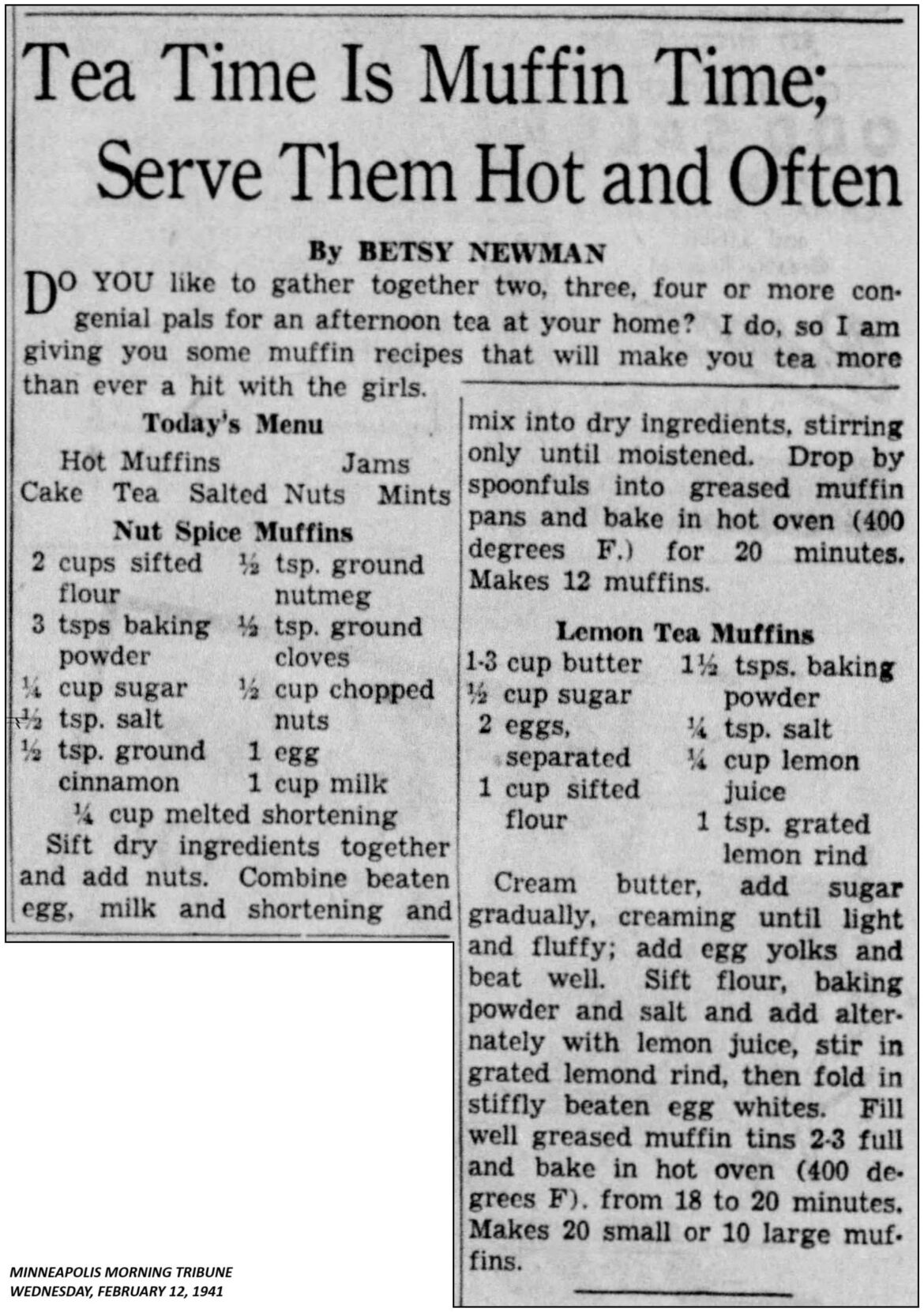 February 12, 1941: Nut Spice Muffins & Lemon Tea Muffins
