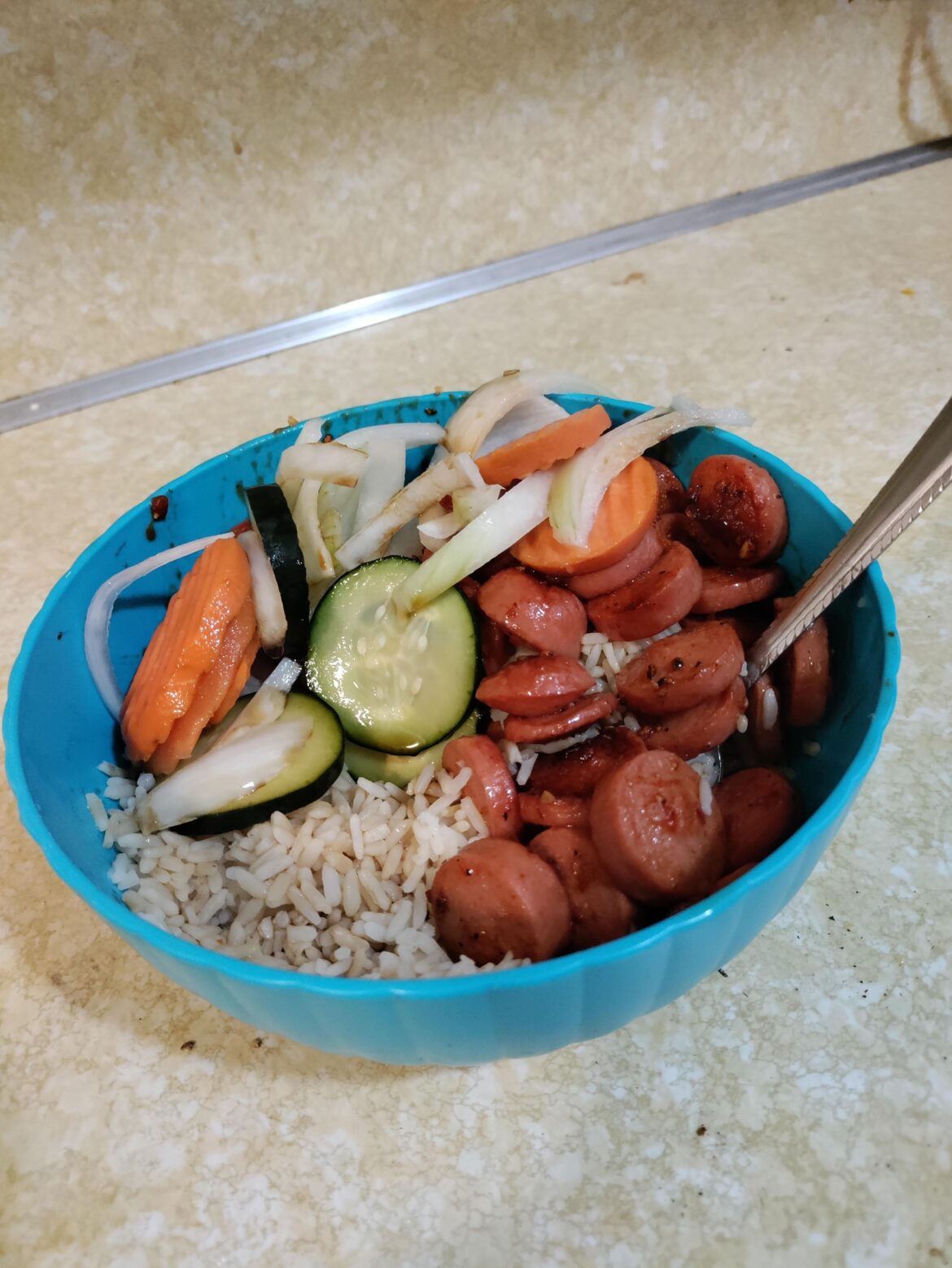 I did that guy's white rice and chili hot dogs but with pickled veggies!