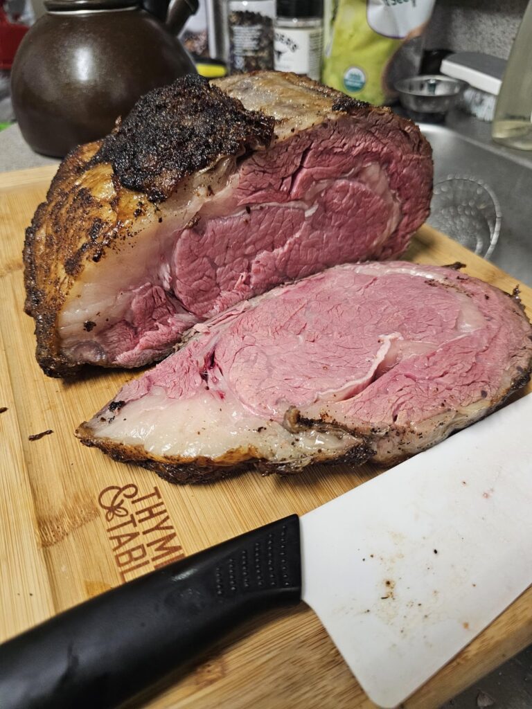 Got dumped, so happy Valentine's Day to me, myself, and I. Prime rib, 120F, served with kale and radishes because I like them. It gets better. Cheers.