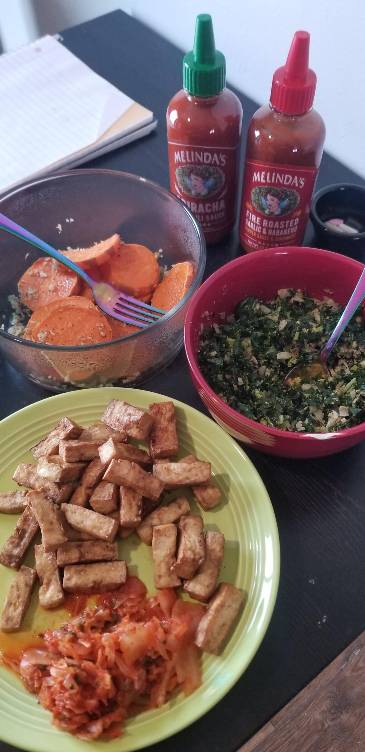 ~650 calories. Salad, tofu, sweet potato, kimchi, lots of water.