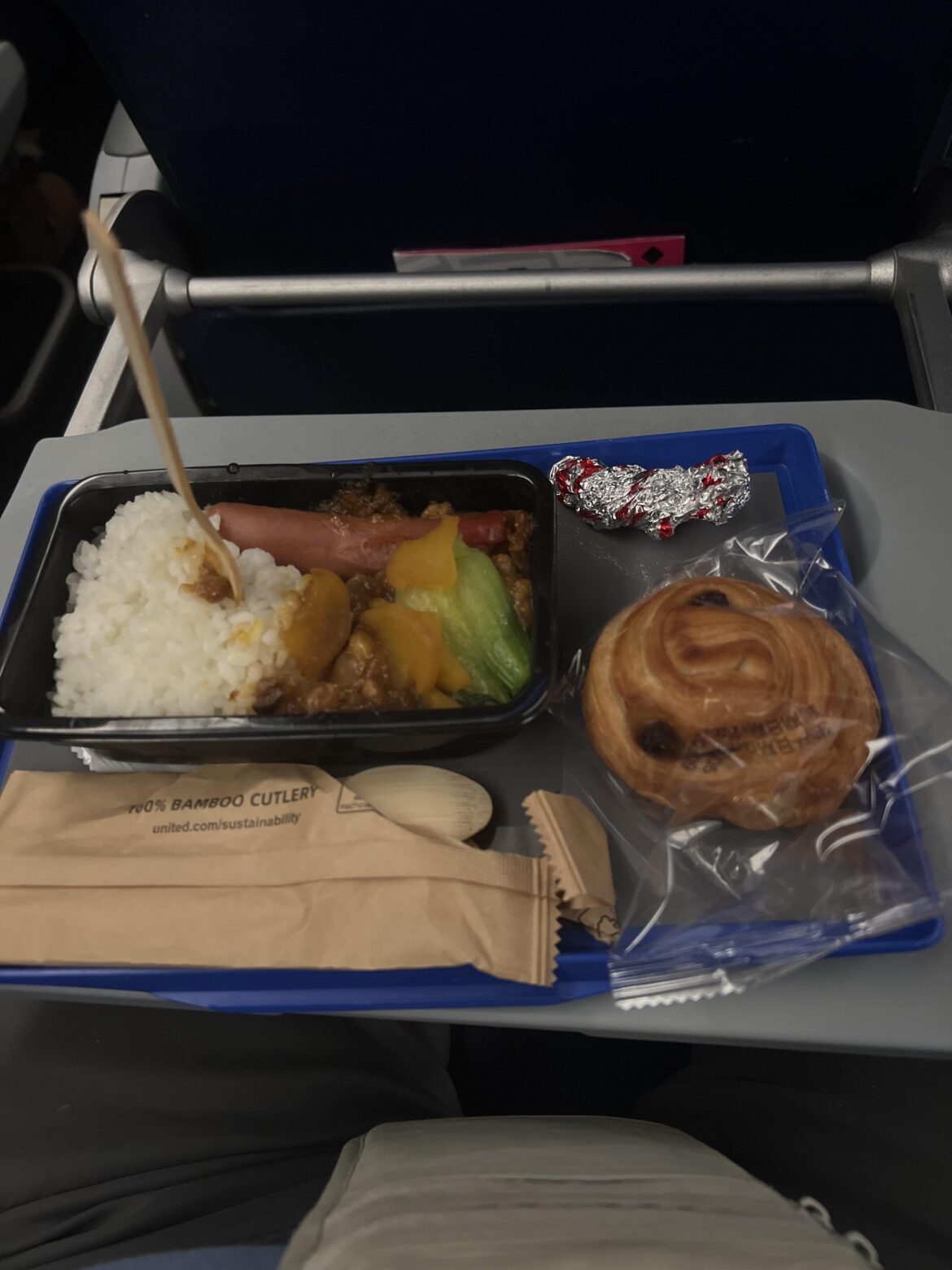 A literal hot dog in the pork rice I was served on a United Airlines flight.