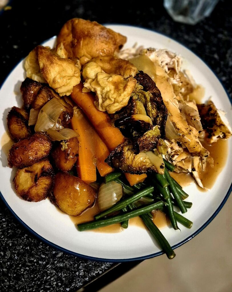 Today's chicken roast, potatoes roasted for less time to usual, yorkshires almost failed.