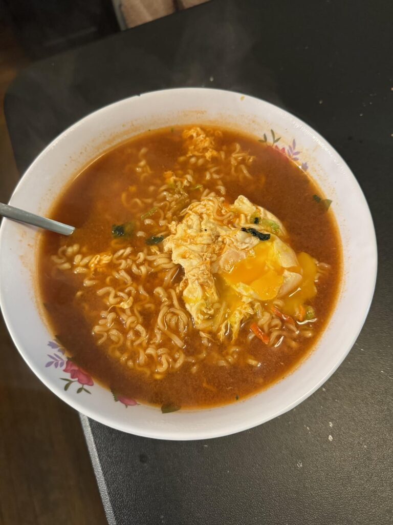 Buldak Habañero Lime and Maruchan Chicken Ramen with poached Eggs.