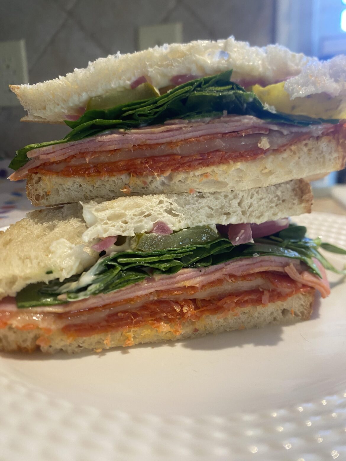 Hot ham, pepperoni, & provolone with spinach, pickles, pickled onions, mayo, and dijon mustard