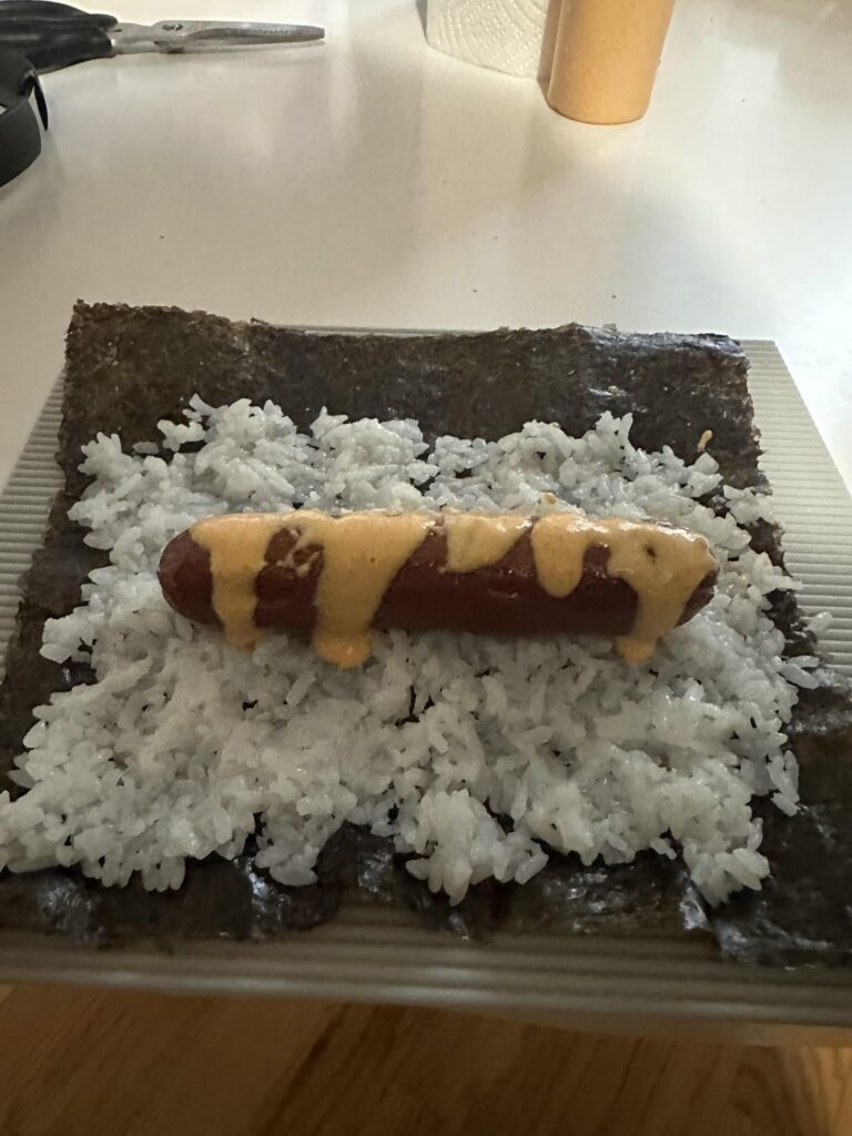 Spicy mayo, hotdog sushi