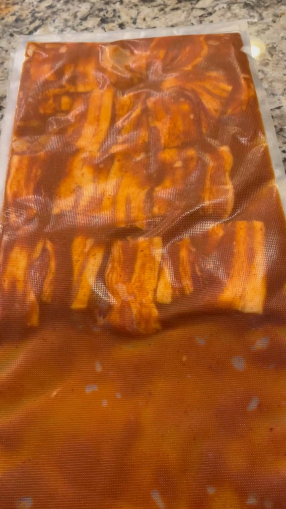 Dwaeji Bulgogi Pork Belly sliced, vacuum sealed, and wrapped for camping trip. (Plus a mini test run)