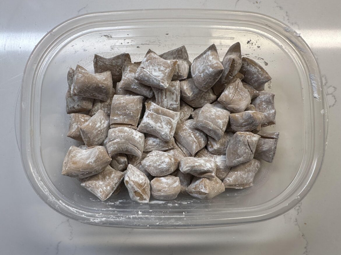 A fresh batch of homemade yeot. I heated the rice malt syrup to 245 F rather than 250 F, resulting in a softer candy.