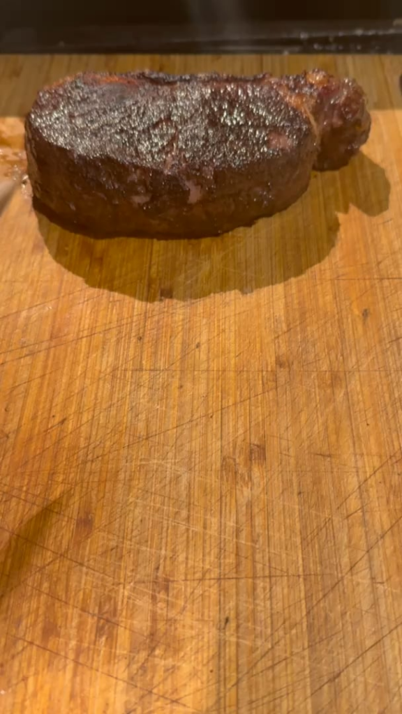 Sirloin steak finished off on the braai - 2 hours at 54c in sous vide, dried the steak and finished it off over very warm open fire in the braai