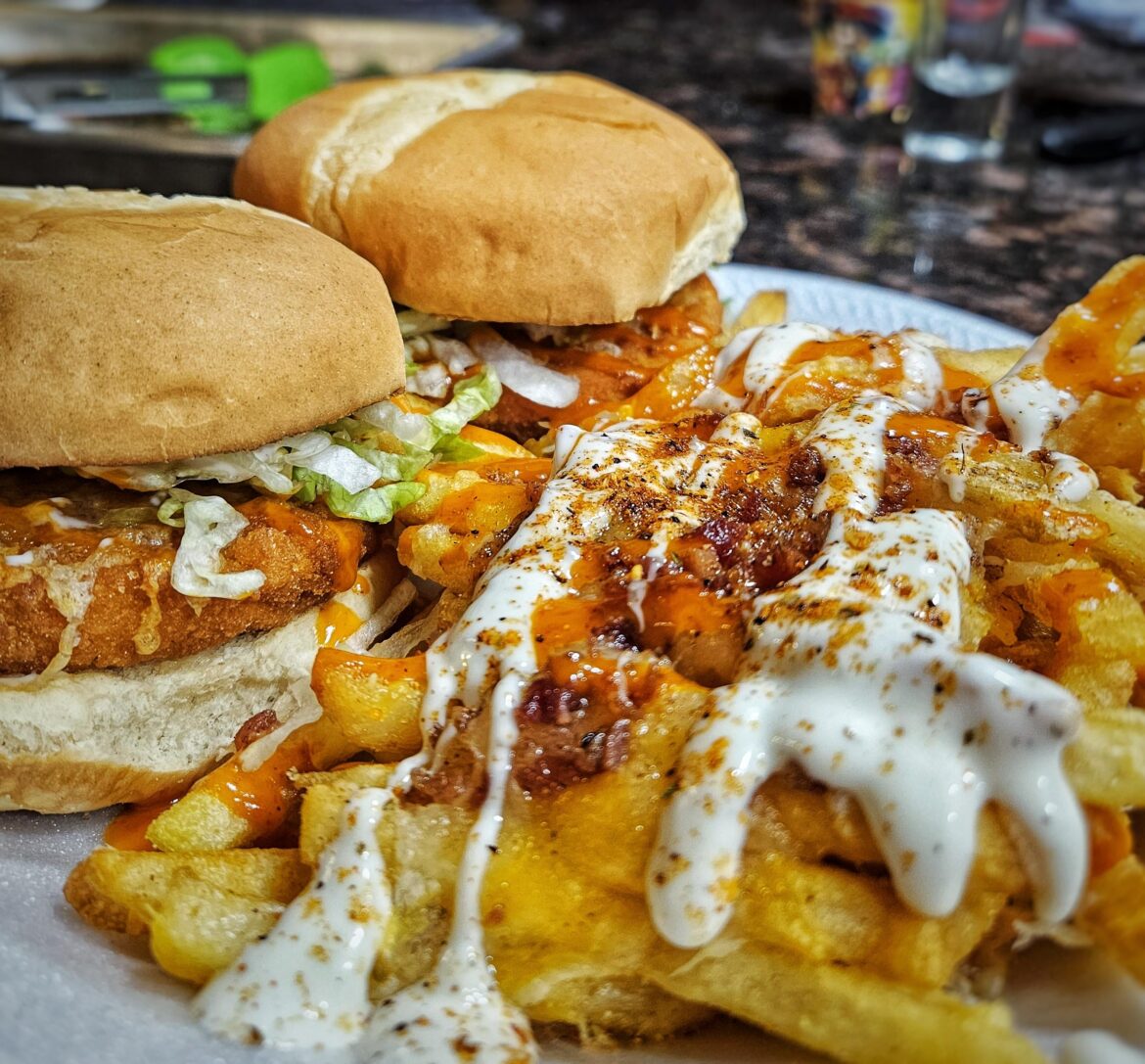 Buffalo ranch chicken sandwiches and loaded fries.