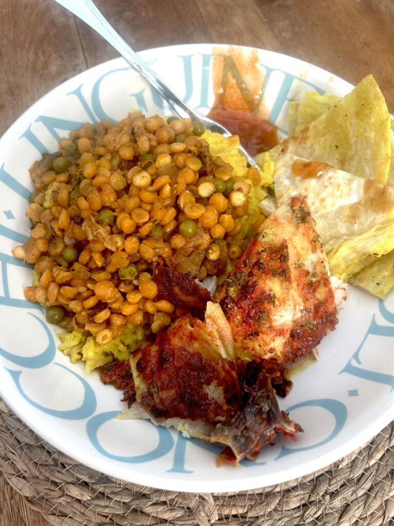 Chana Dahl-tandoori spiced chicken-flatbread-pilau rice