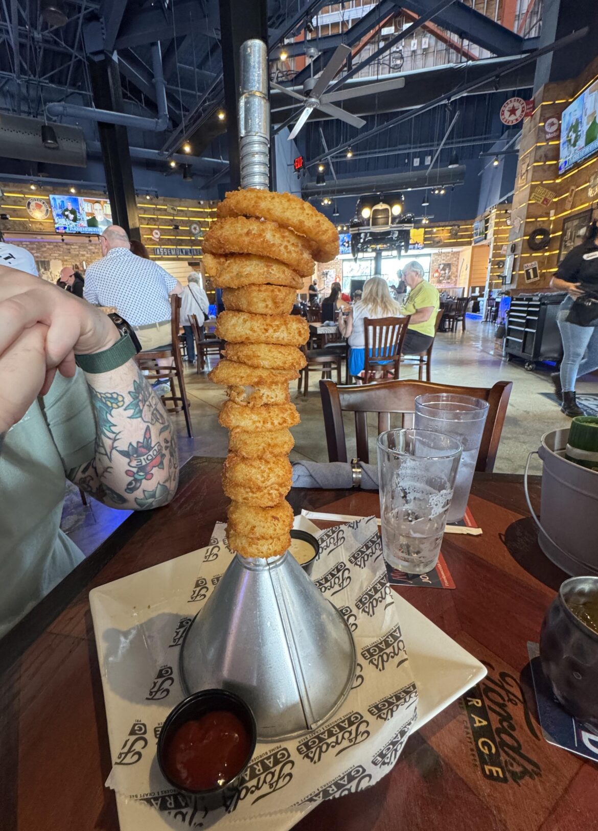 Onion rings on an oil funnel