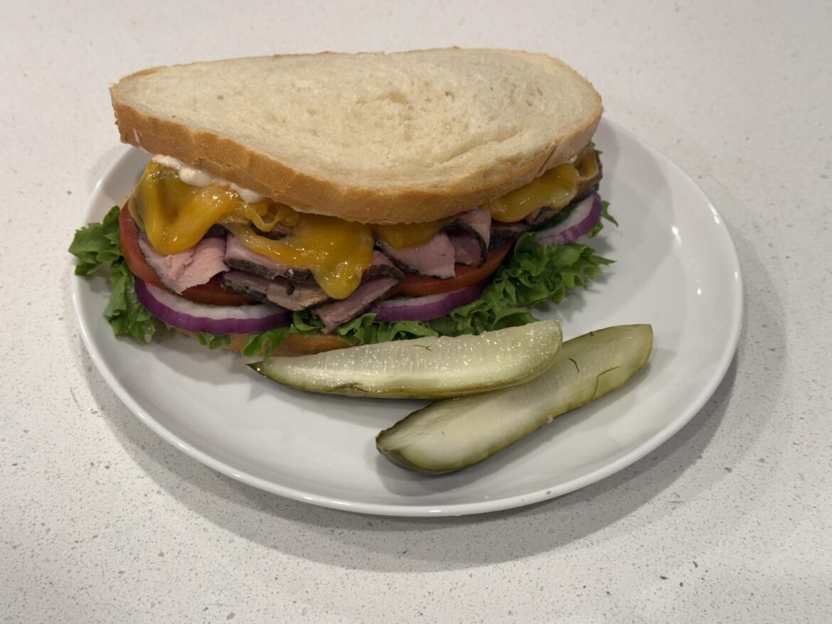 Homemade roast beef, melted Colby, and a horseradish sauce.