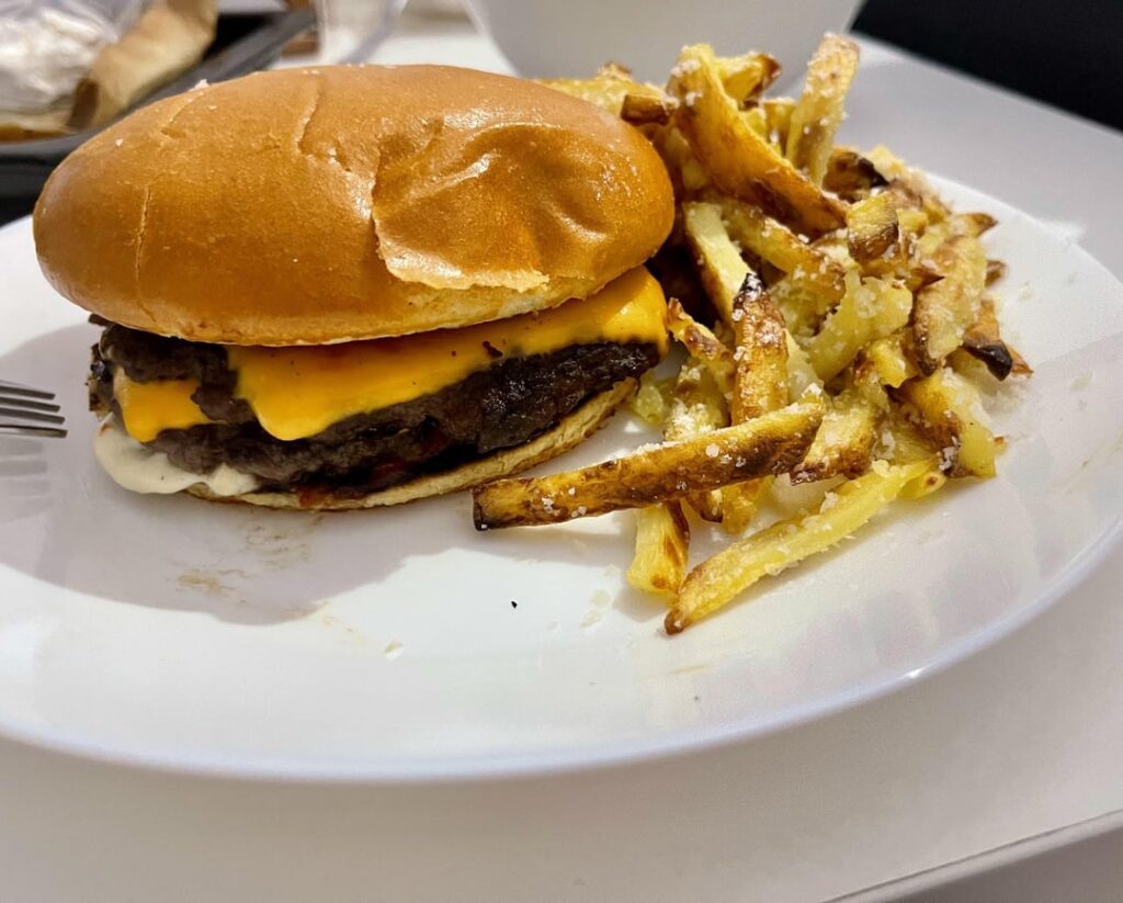 Double cheeseburger with baked fries for the night