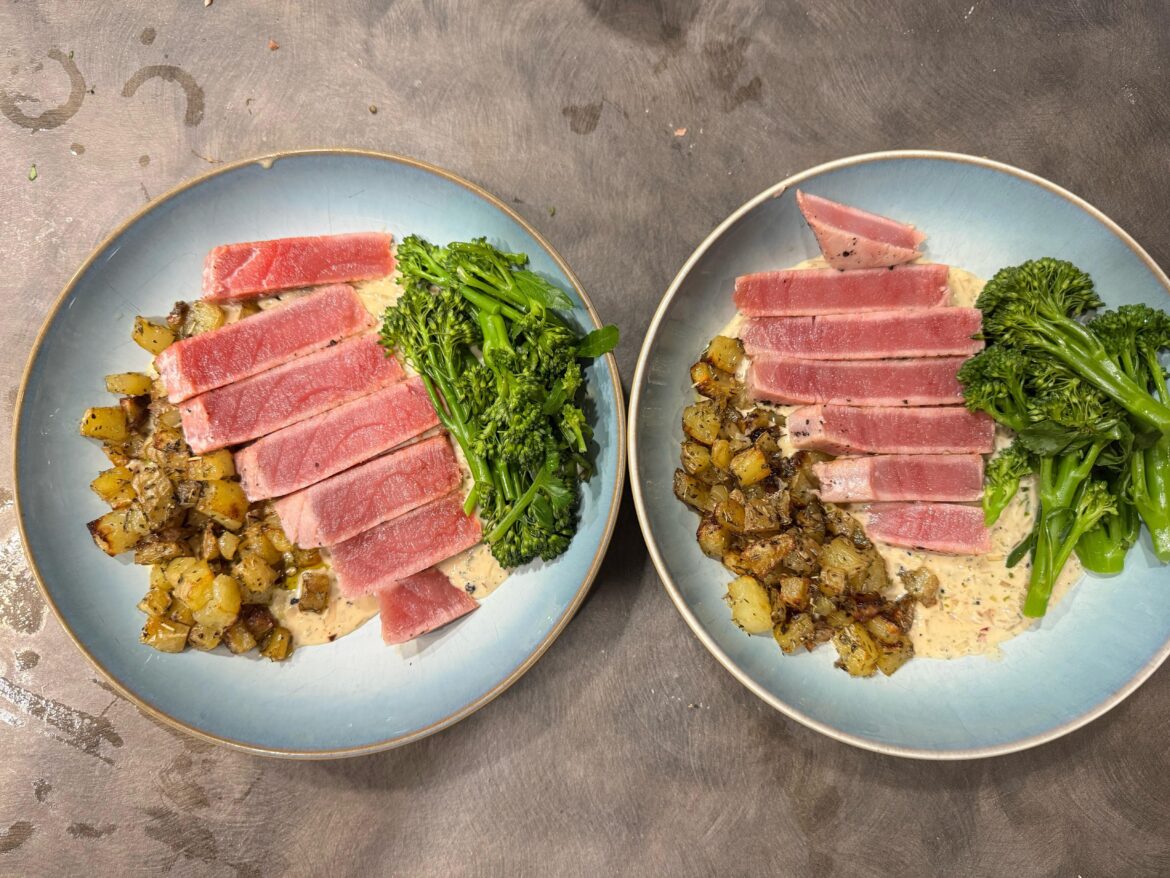 Valentines dinner for 2: Seared yellowfin tuna with a lemon shallot cream sauce, herbes de Provence roast potatoes, broccolini