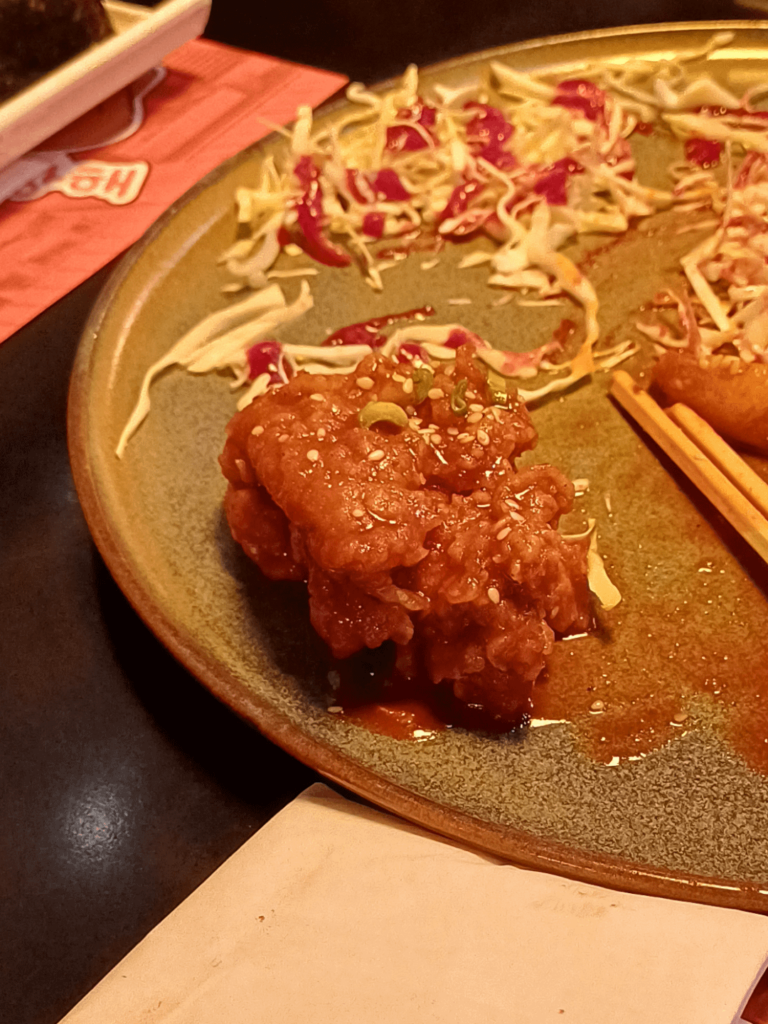 cal estimate for this 2 bite piece of sweet and spicy fried chicken?