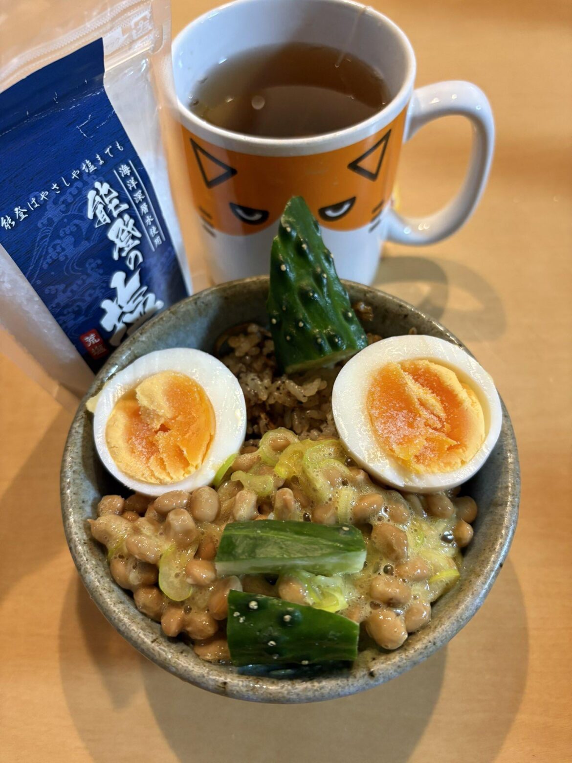Natto rice and a boiled egg..