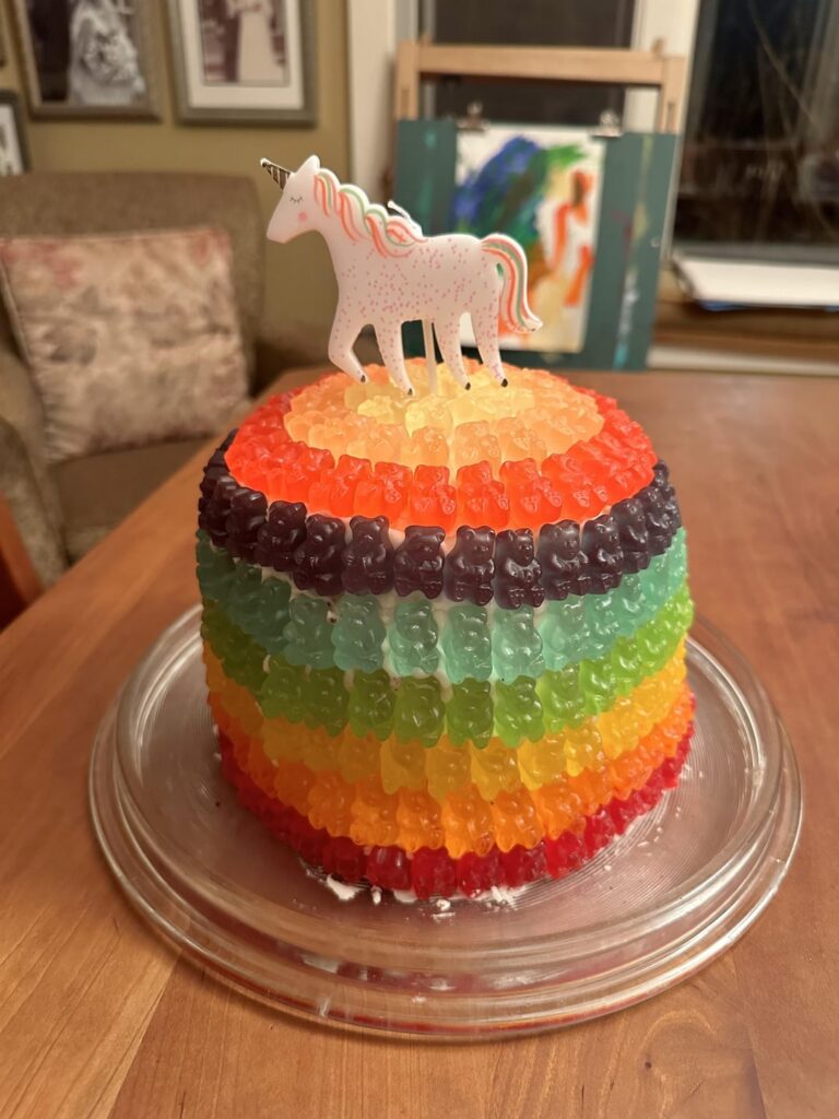 Unicorn gummy bear cake for my daughter