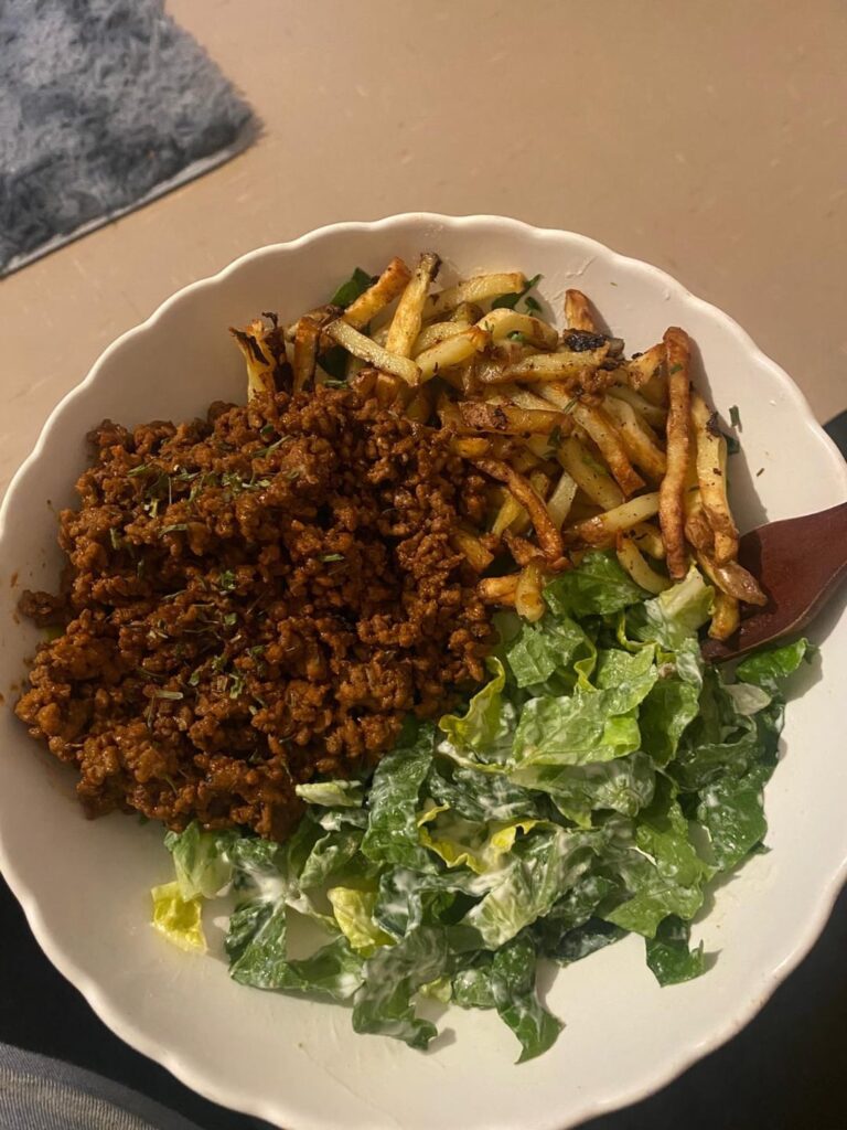 Dinner! It was like I was eating a McDonalds! 490 cals 52g protein