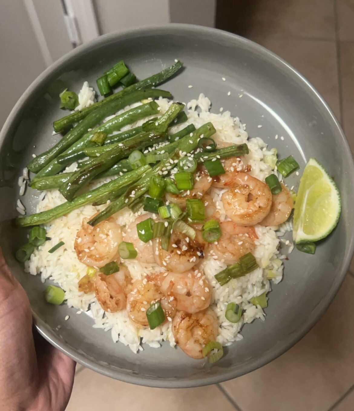 Sizzling Hoisin Shrimp with Ginger Scallion Rice and Roasted Green Beans