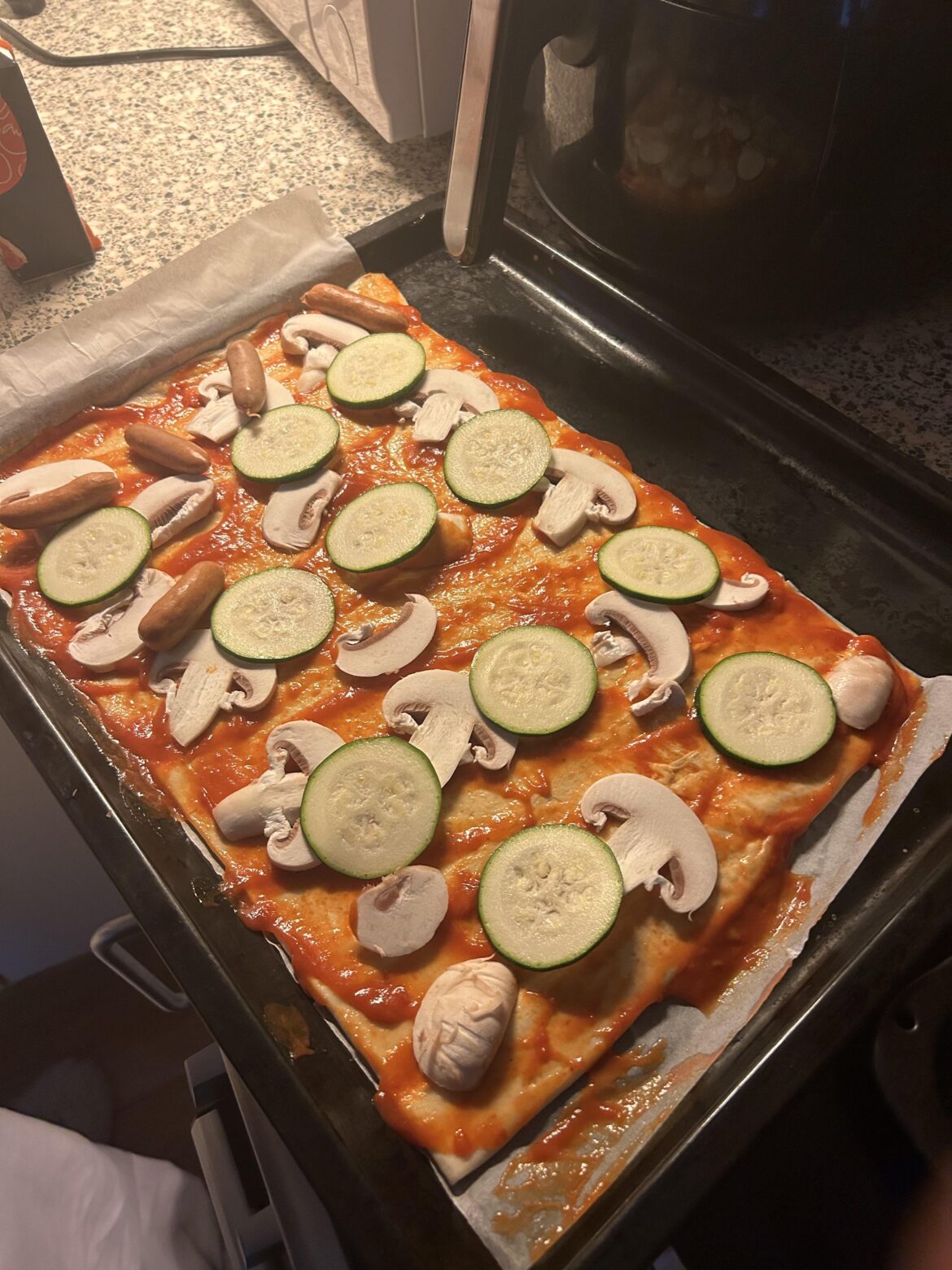 Squash mushroom wiener no cheese pizza