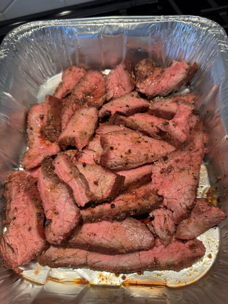 Smoked tri tip in traeger for hour and half to 120, finished off on grill to 135