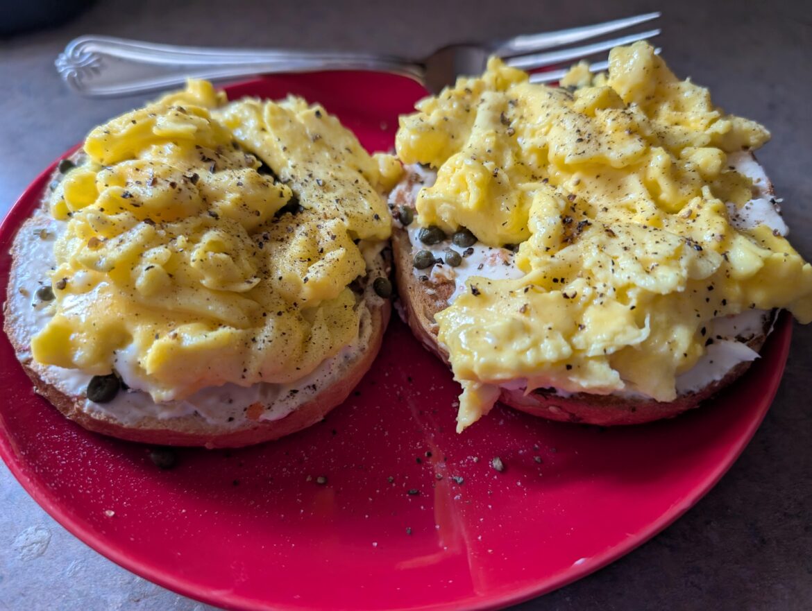 Brunch- Everything bagel, veggie cream cheese, capers, and fluffy scrambled eggs