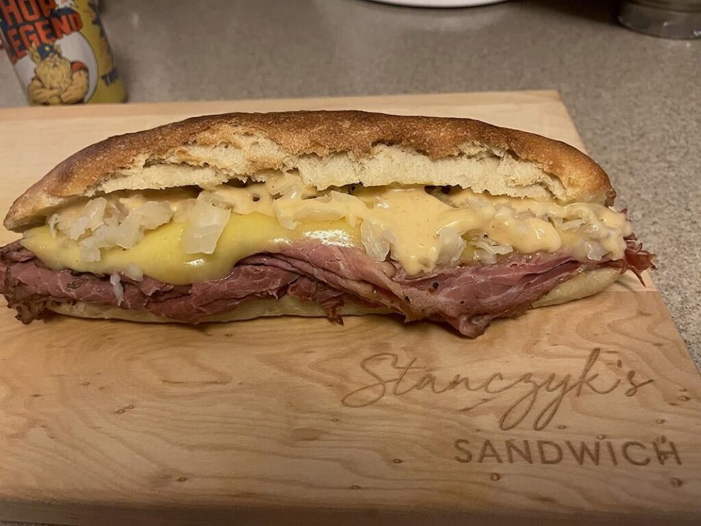 Hot pastrami, baby Swiss, thousand island, and Cleveland Kraut’s roasted garlic kraut.