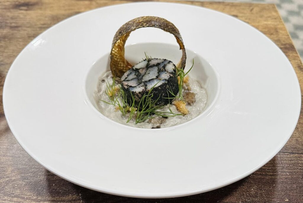 Sea bass mosaic, skin crisp, dashi yuzu espuma, puffed rice, fennel fronds