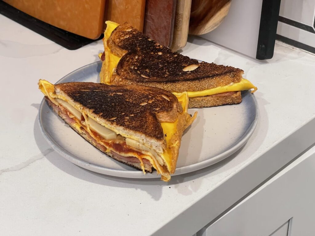 Spam and eggs, smoked gouda melted on rye, ketchup mayonnaise