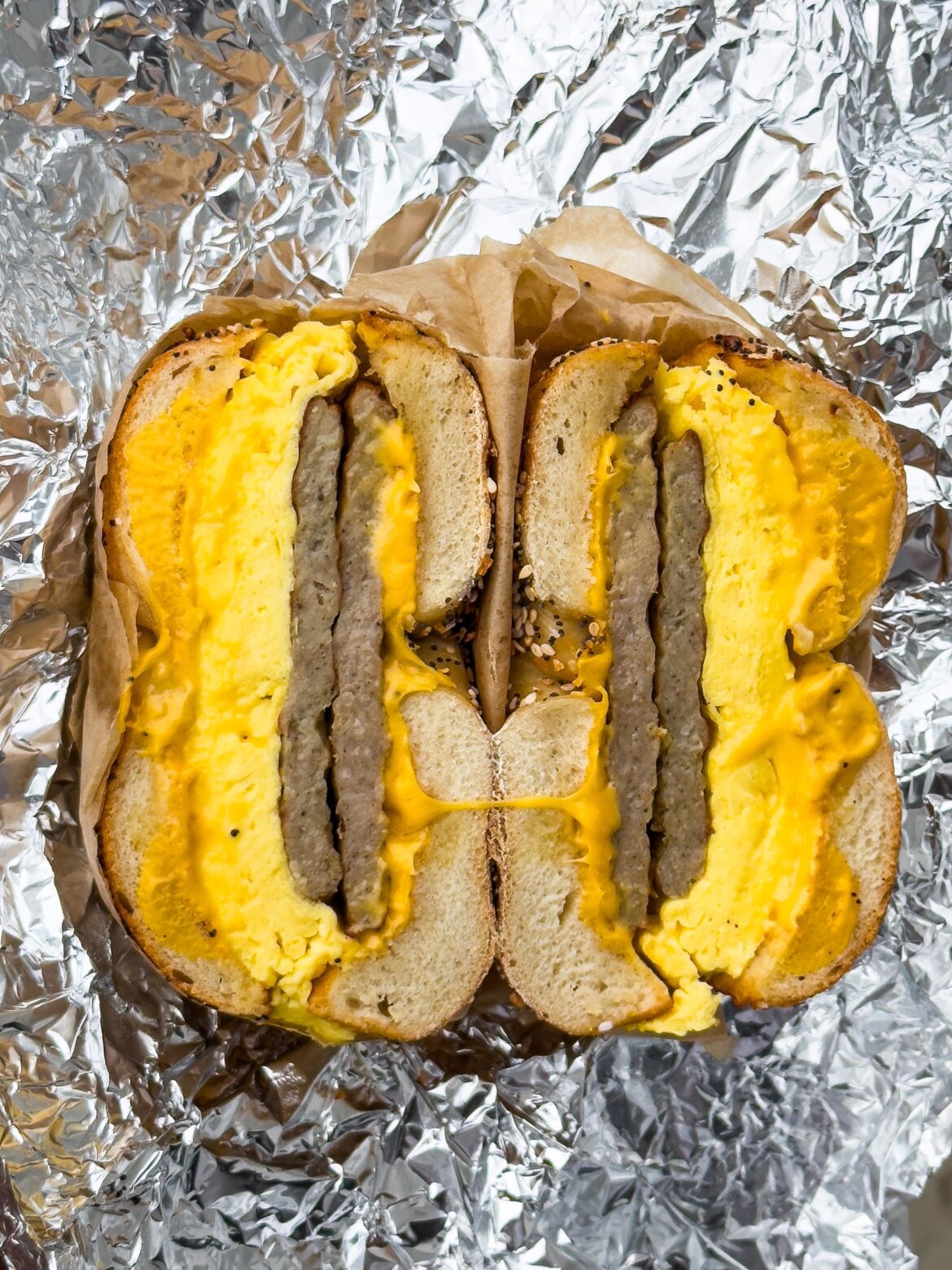 Sausage eggs and cheese on an everything bagel. Double everything!