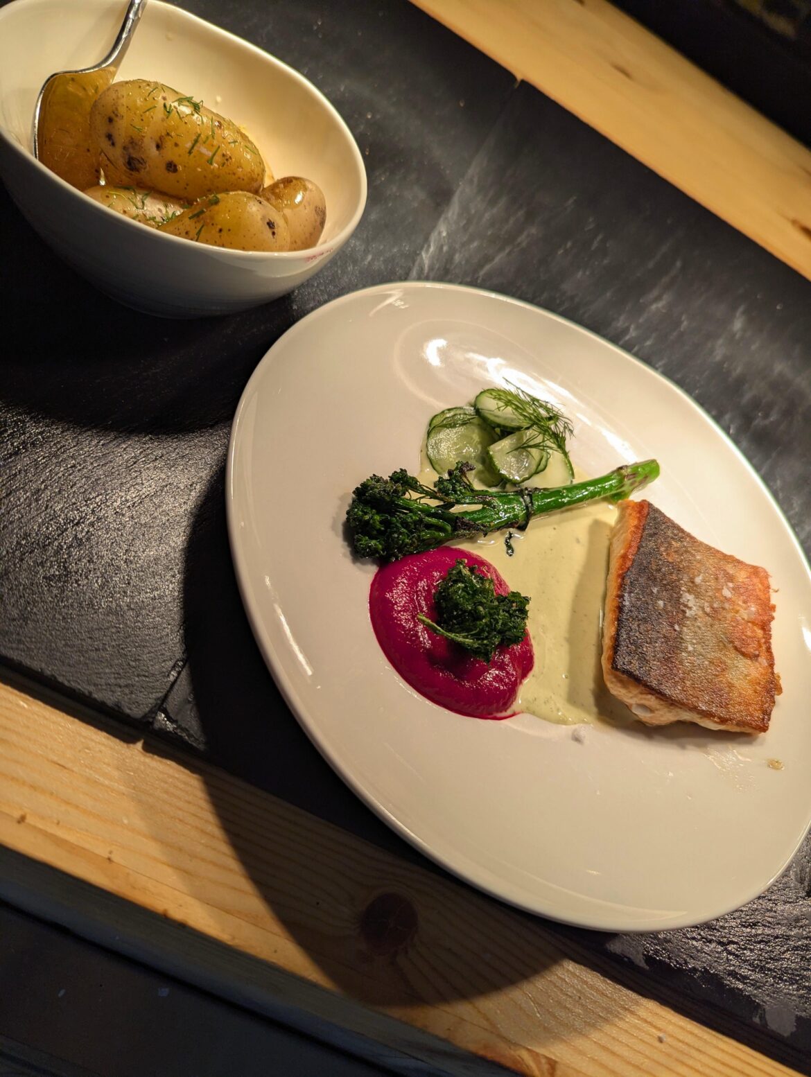 Arctic char, beetroot pyree, angelica buerre blanc