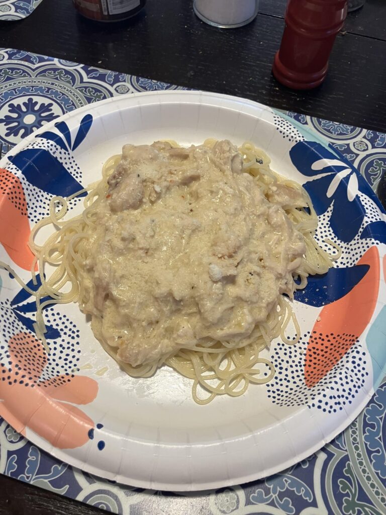 calorie estimate in the pasta? i think it’s angel hair or spaghetti, with chicken and alfredo(?) sauce