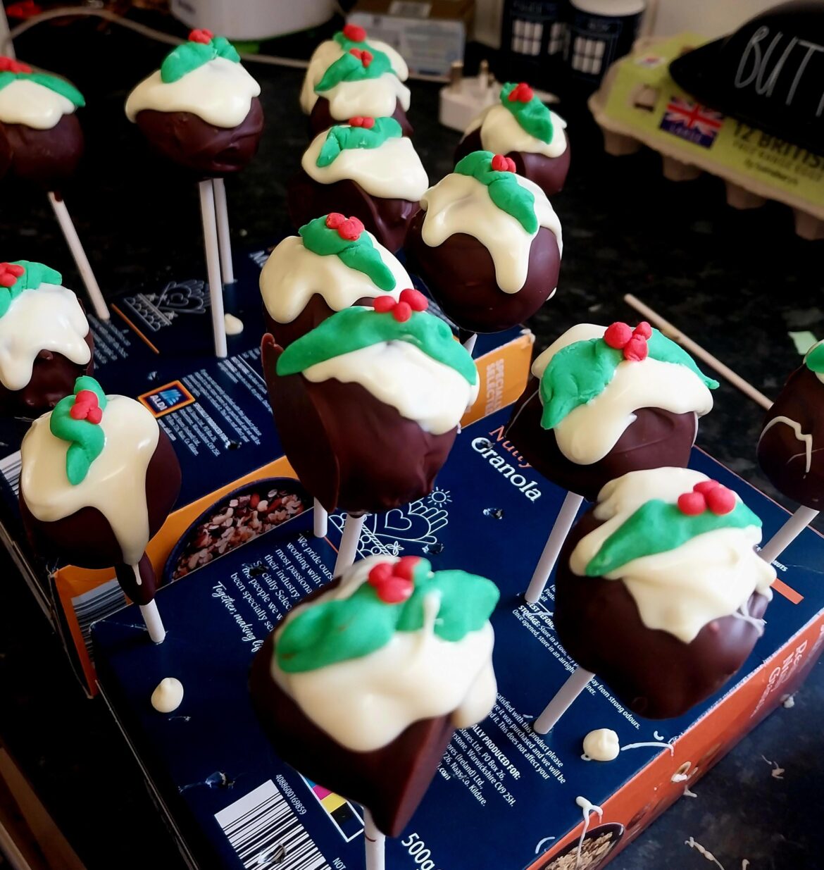Christmas pudding cake pops made by my 12 year old daughter