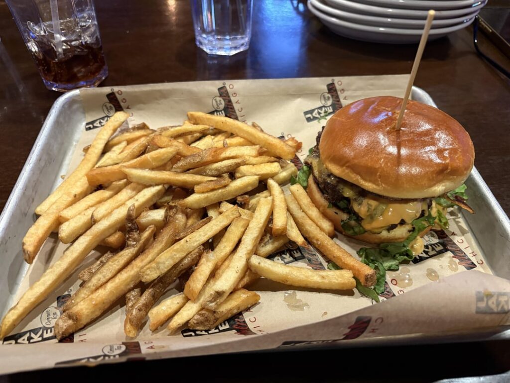 cals in jake melnick's single patty smash burger + fries? is 1200-1300 a decent guess?