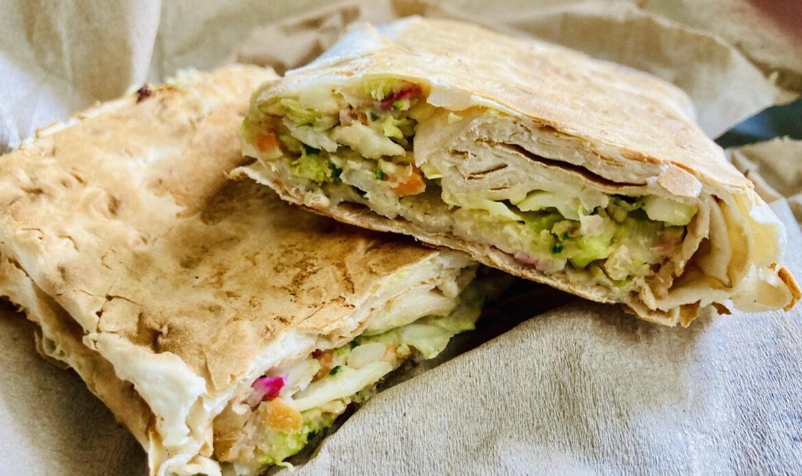 Due to popular demand, I have used the sandwich press on something I’ve eaten hundreds of times over the years: Trader Joe’s Veggie Wrap with Hummus