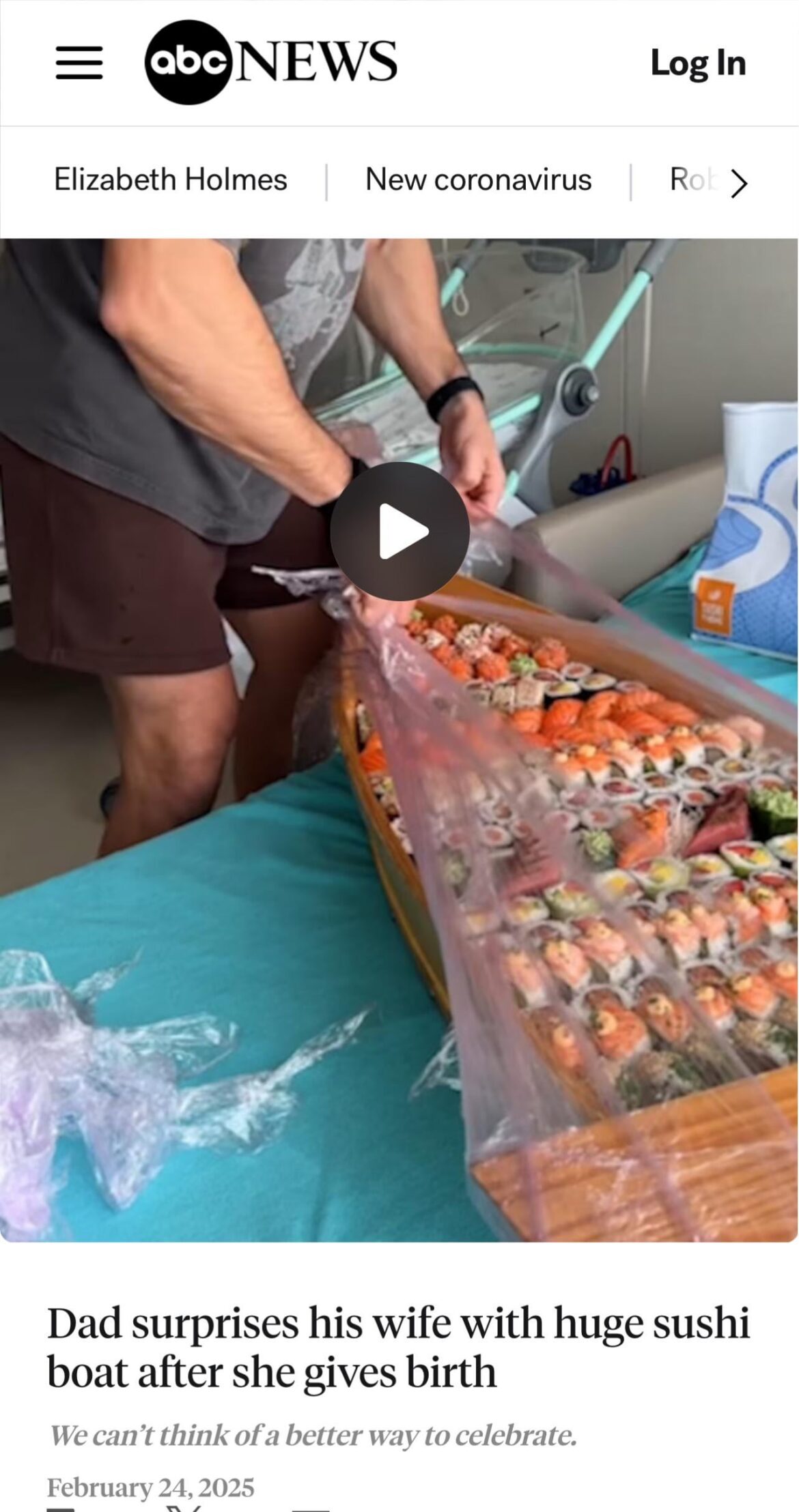 Dad surprises his wife with huge sushi boat after she gives birth from ABC news