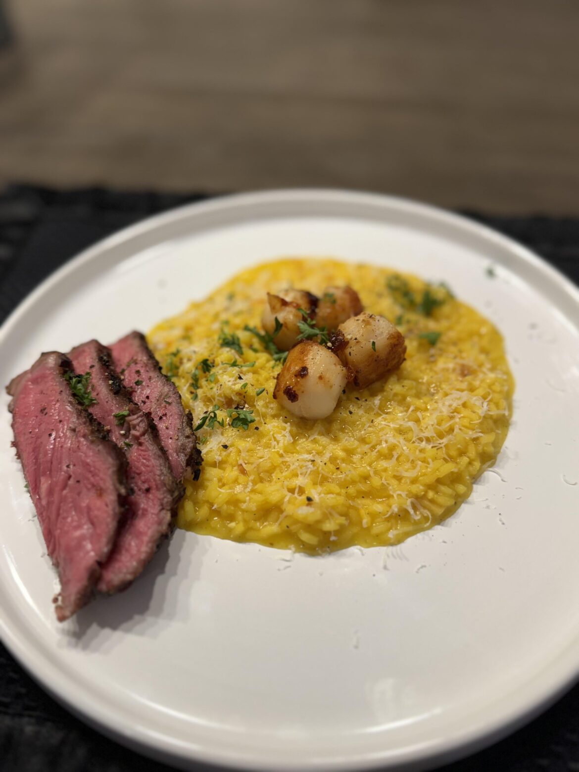 Saffron risotto, butter scallops & smoked NY Strip