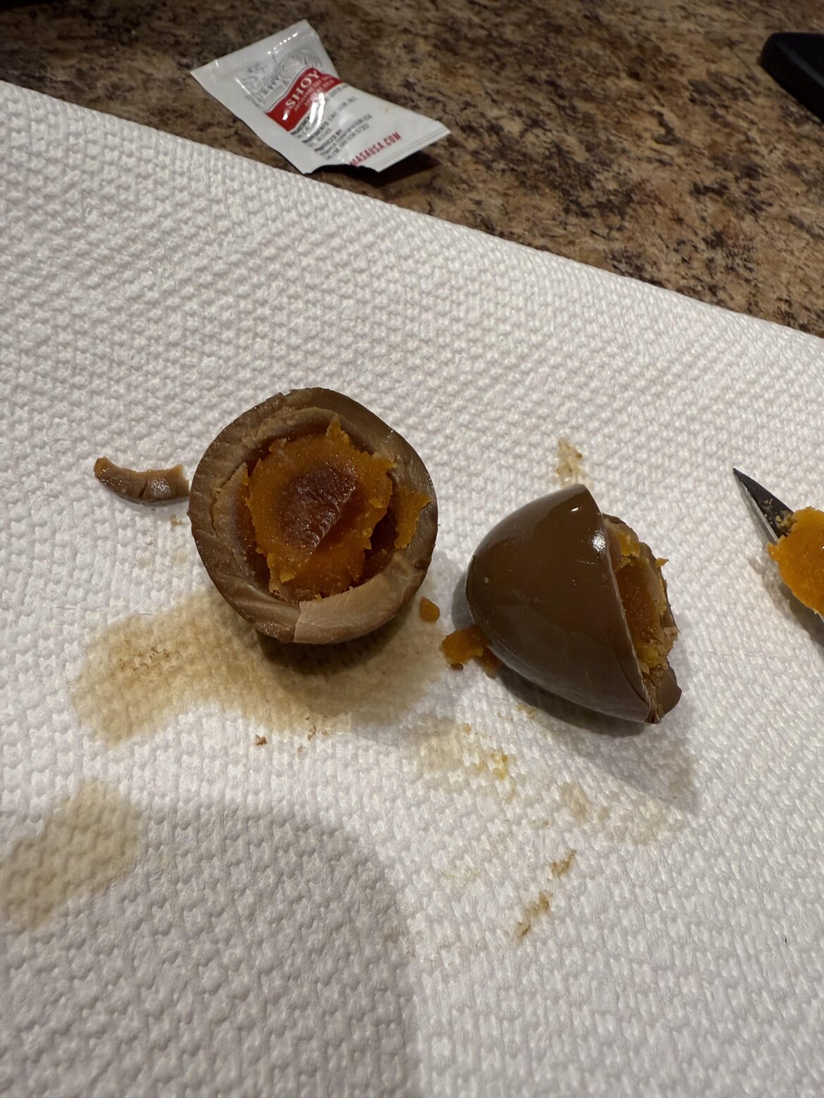 Egg after marinating in soy sauce for 3 weeks.