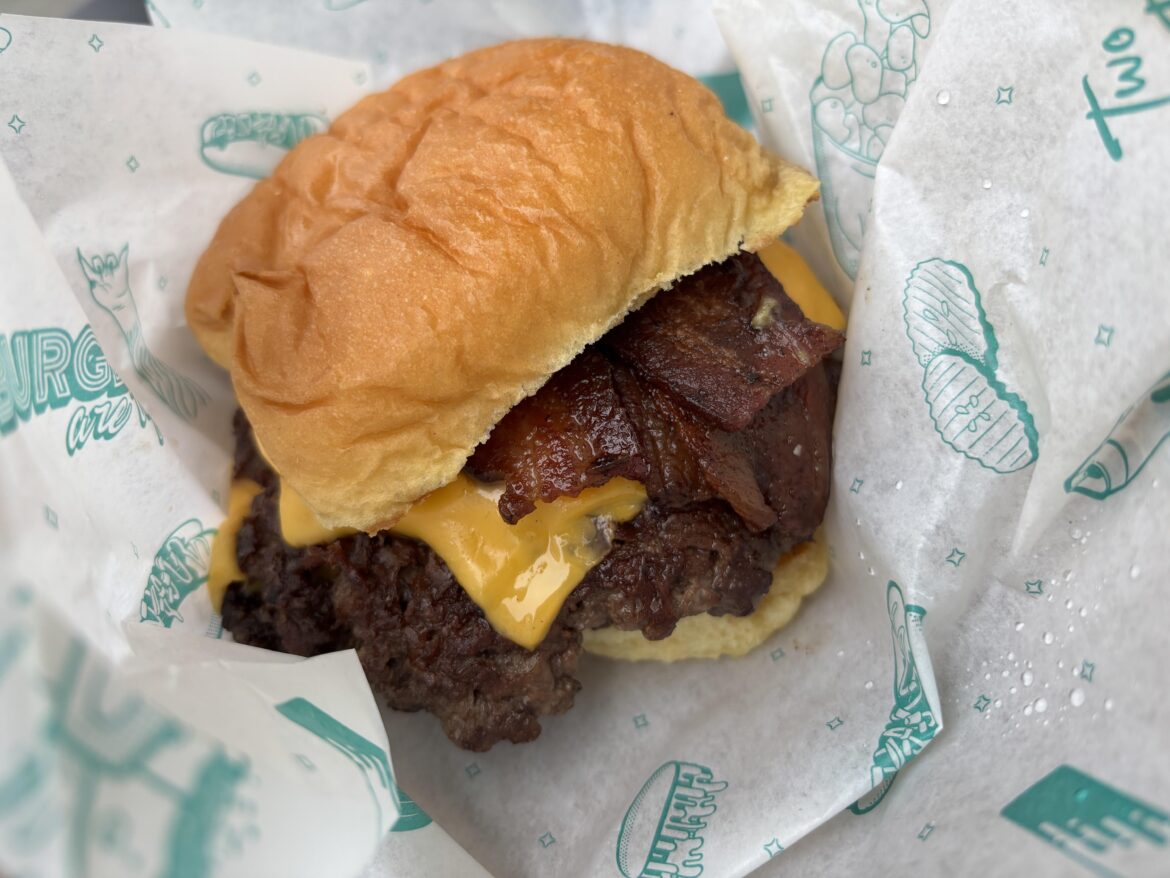 Double smash burger with bacon and cheese.