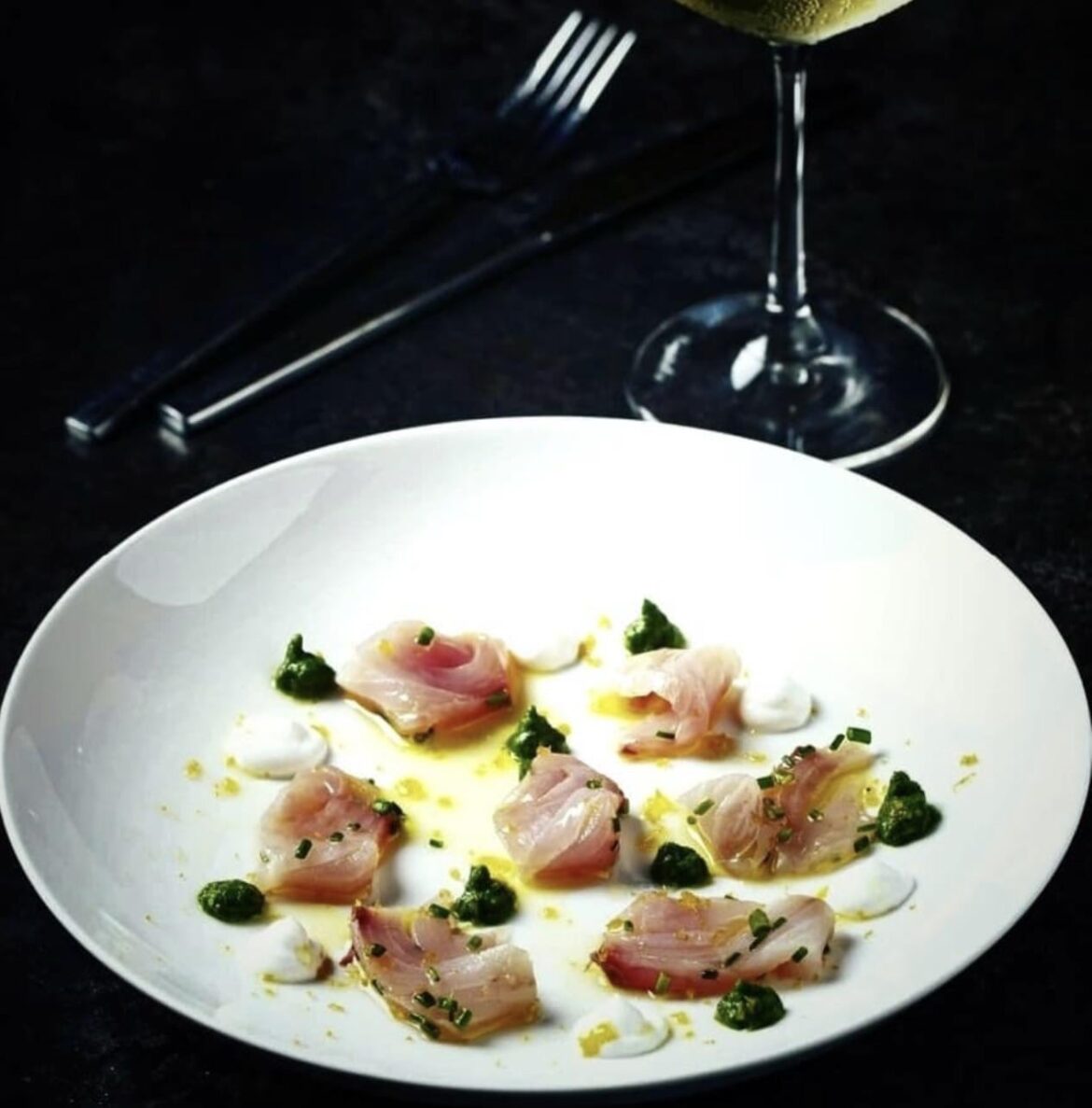 White fish , coriander relish , smoked yoghurt and bottarga