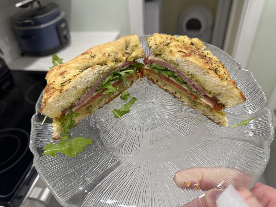 Pepperoni Salami and Provolone with pesto on homemade Rosemary Parmesan focaccia