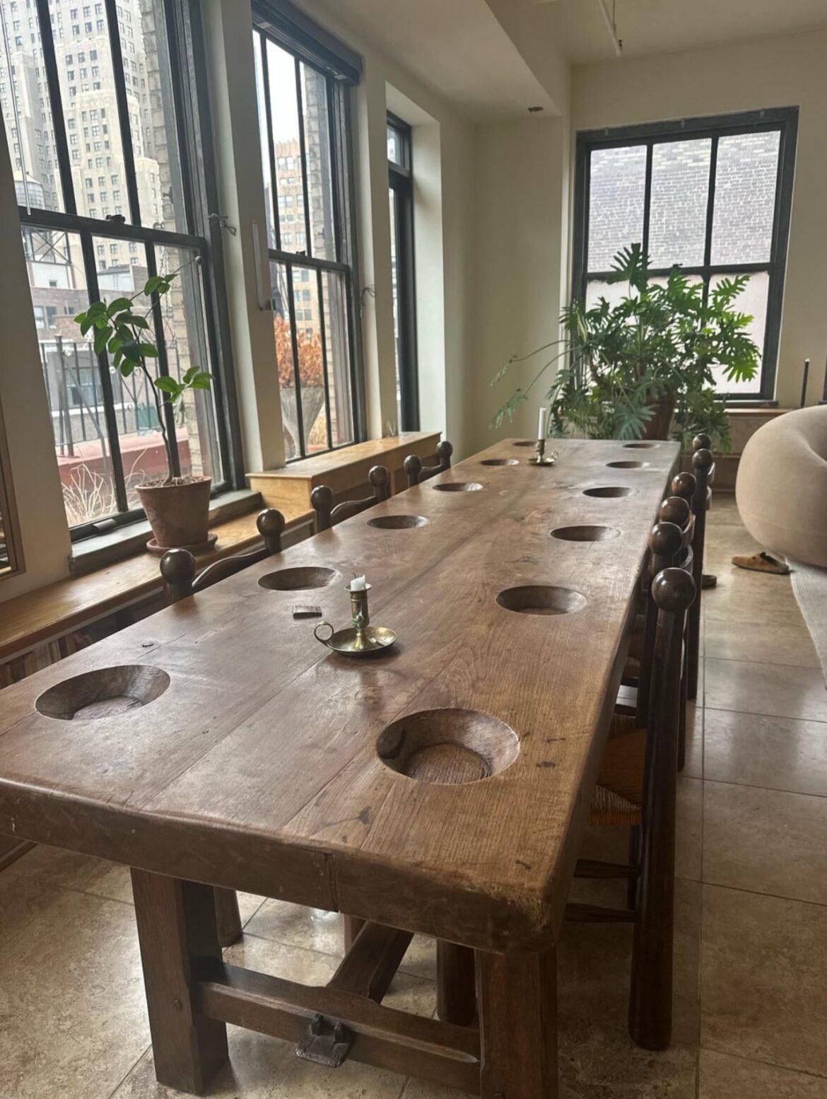 Big wooden table with 12 integrated bowls bought in the Netherlands from 1893