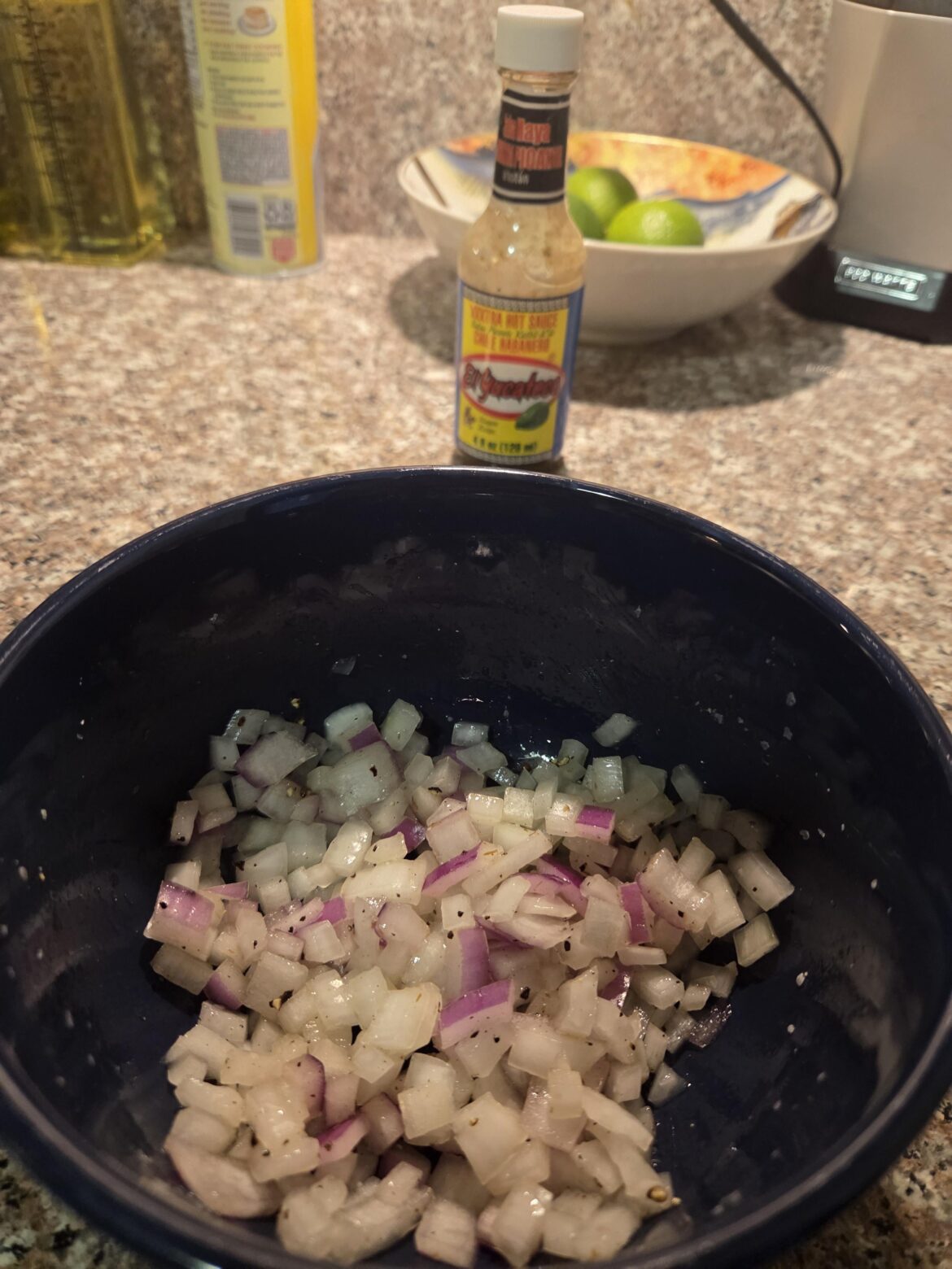 Onions, lime juice, salt, pepper and Yucateco