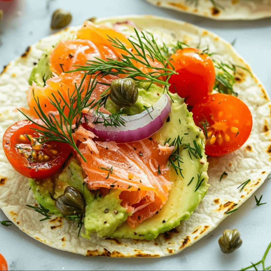Smoked salmon and avocado tacos