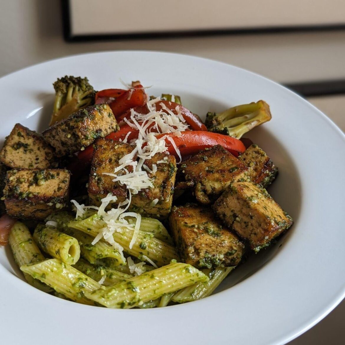 roasted pesto tofu with balsamic vegetables.