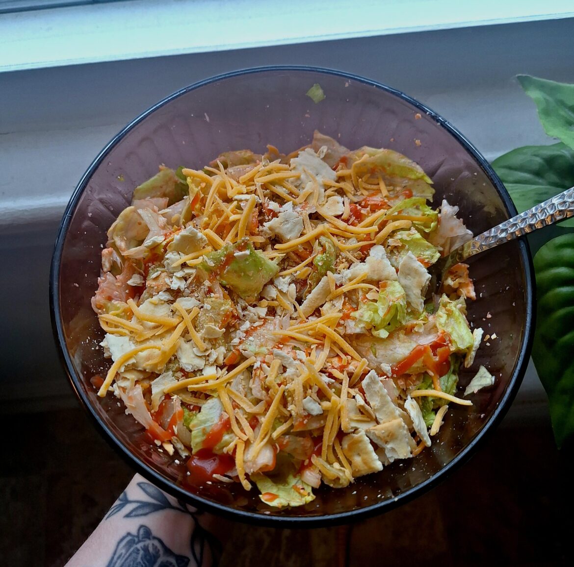 "Salad" mom's special recipe. Iceberg, cheese, saltines, and catalina dressing. It's disgusting. I miss her so much.