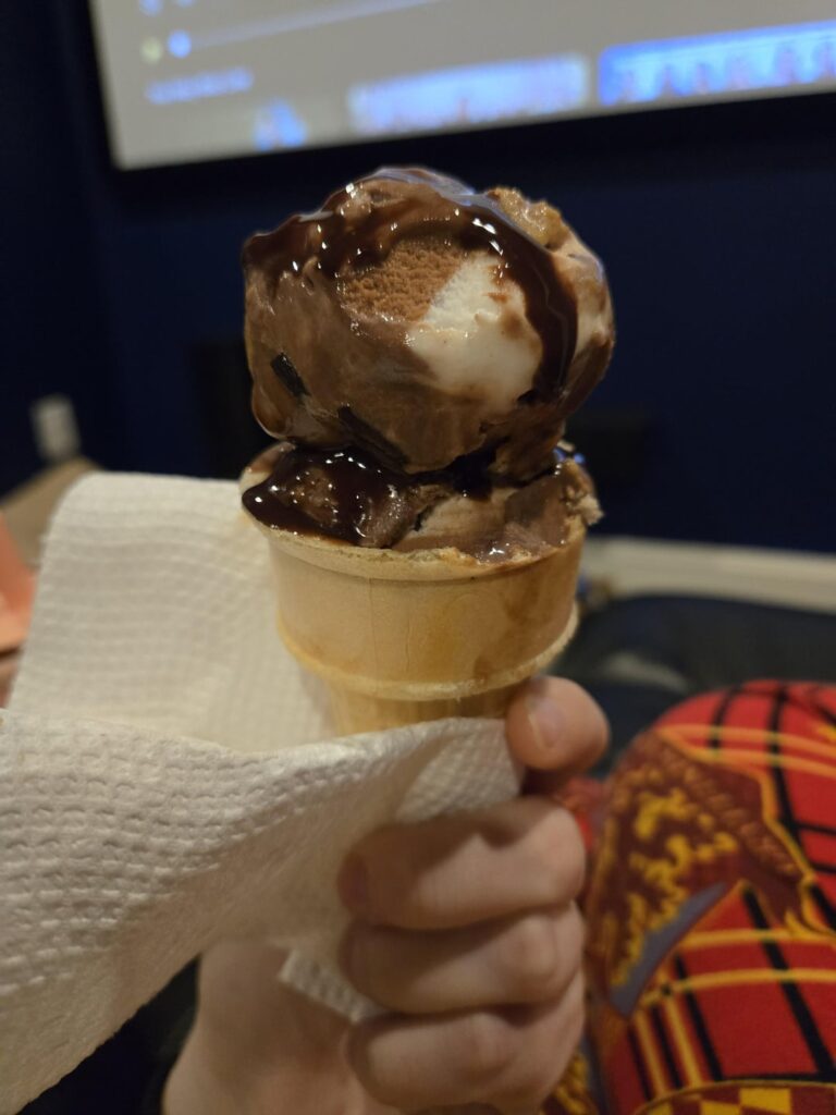 160 calorie smores ice cream cone w/ Hershey syrup!