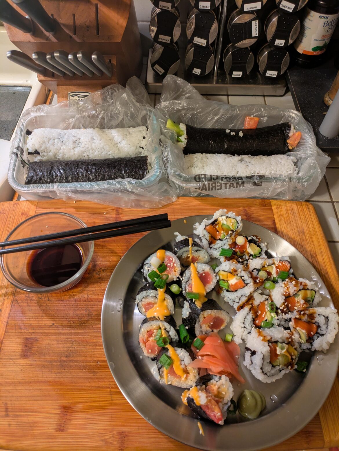 2/7/25 155pm Pacific time:  I become sushi-capable.   (Be kind it's my first ever attempt at home!  Spicy tuna and Salmon/avacado. Delish.!)